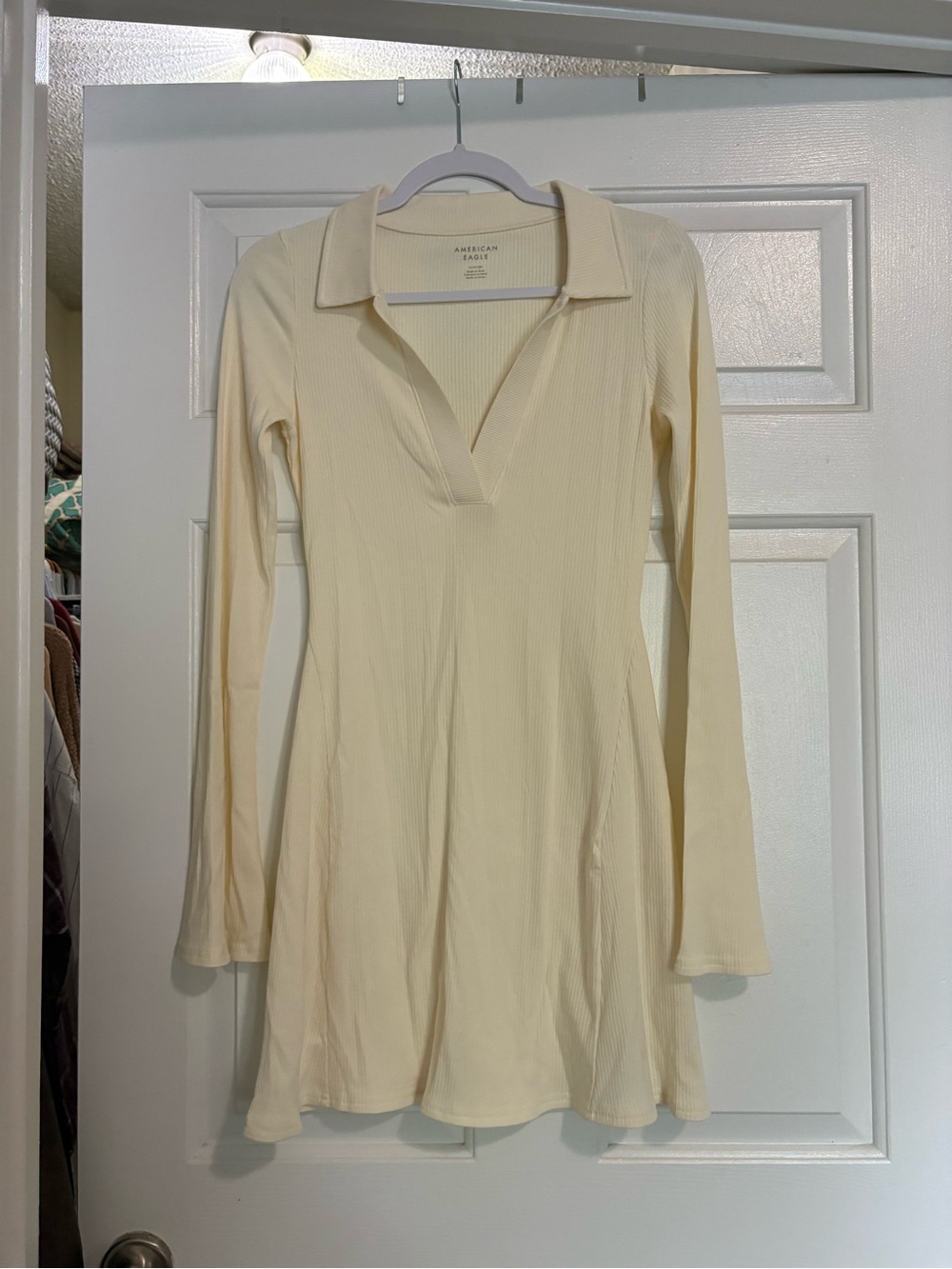 New American Eagle Outfitters Cream Ribbed V-Neck Polo Dress